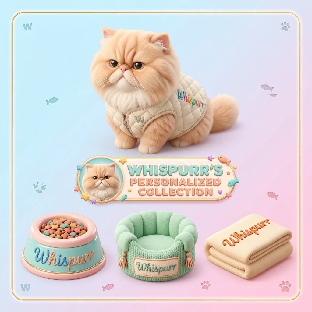 Whispurr, a cream Persian cat in a quilted vest, above her personalized bowl, bed, and blanket